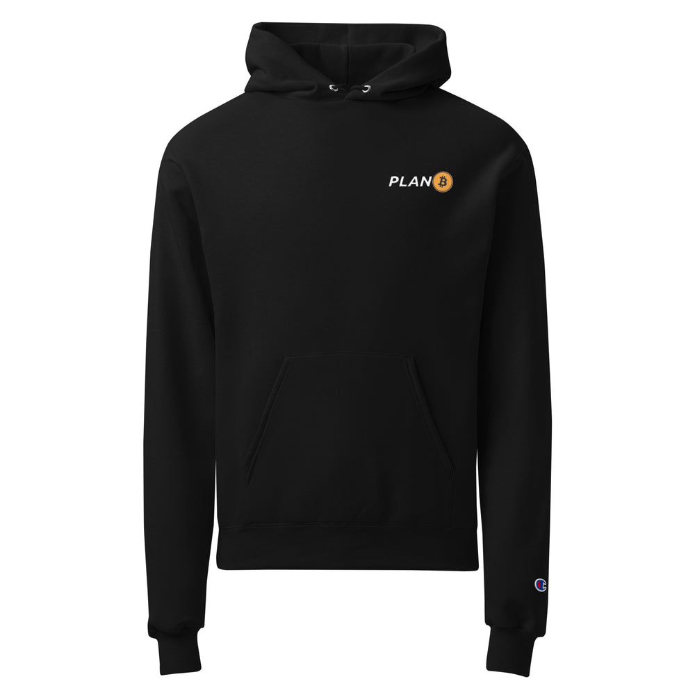 PlanB Hoodie, a black Champion hoodie, front view